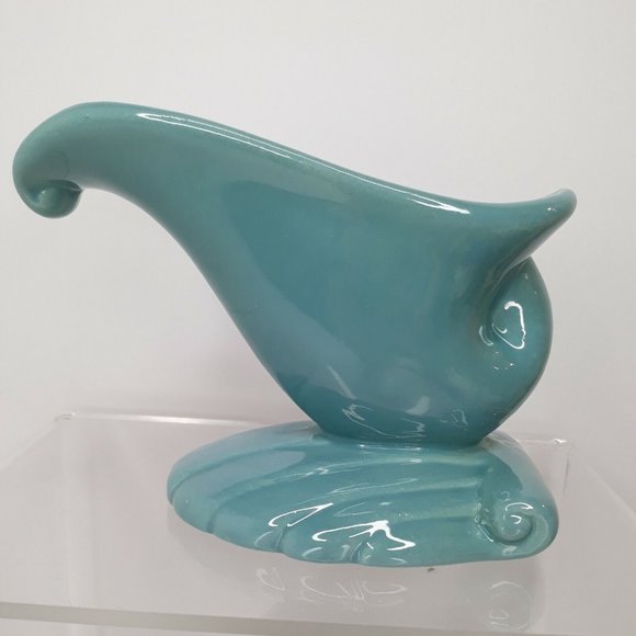 Vintage HAEGER Pottery Planter Blue Aqua Turquoise Clam Shell Wave Green Foil - Picture 8 of 12